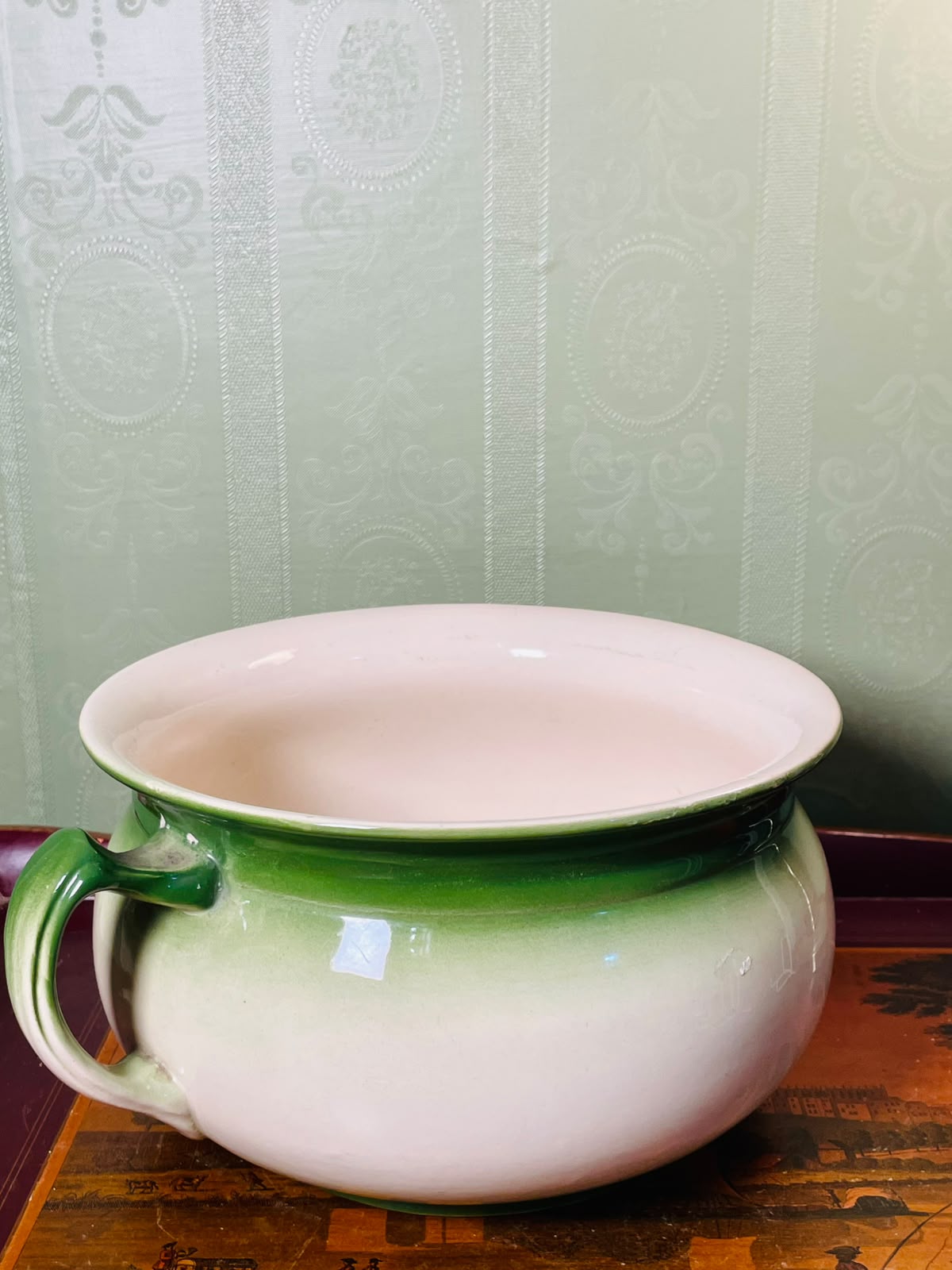 Green & Cream Handled decorative planter 11" Large