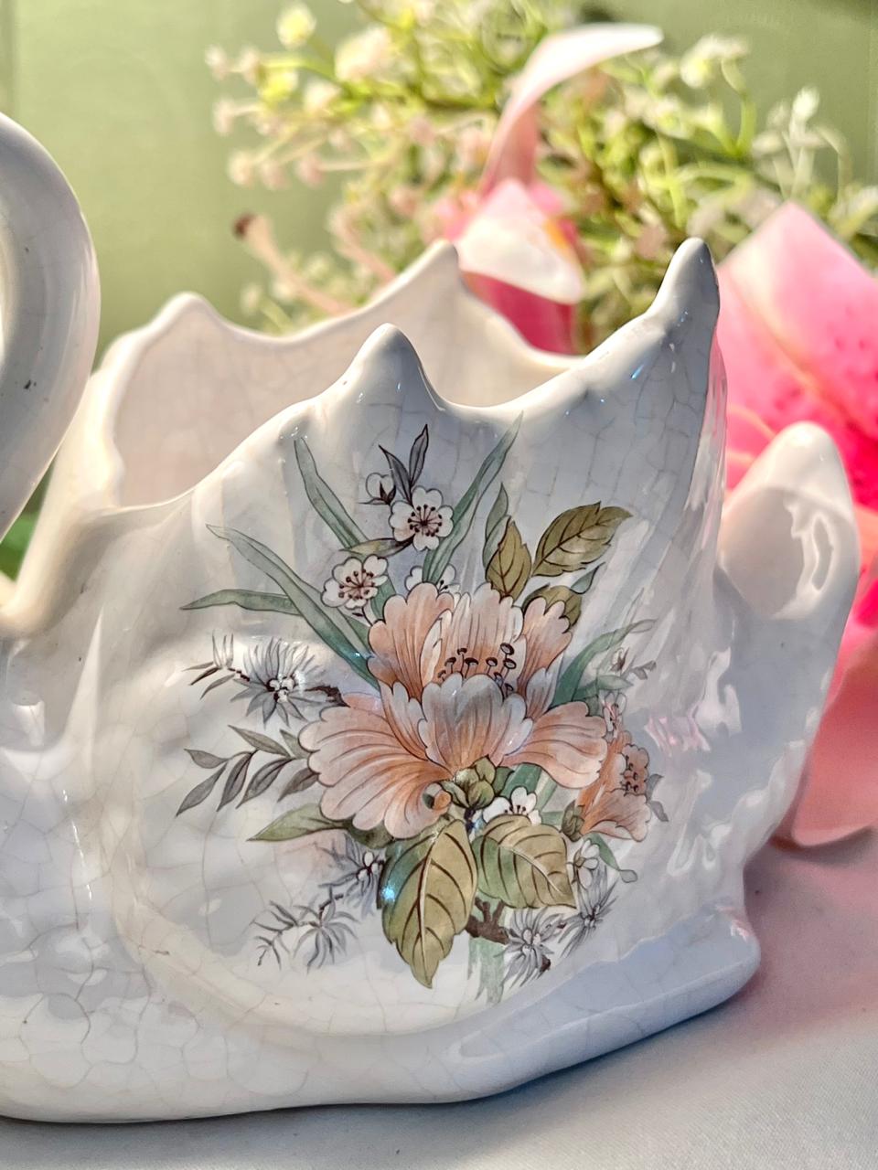 Vintage Maryleigh Pottery St. Michael White Swan Floral Ceramic Planter – Approx. 6 Inch