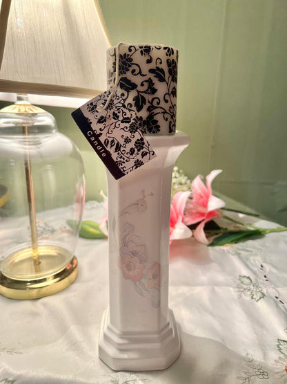 Floral Pedestal Candle Holder with Pillar Candle – Approx. 13 Inch