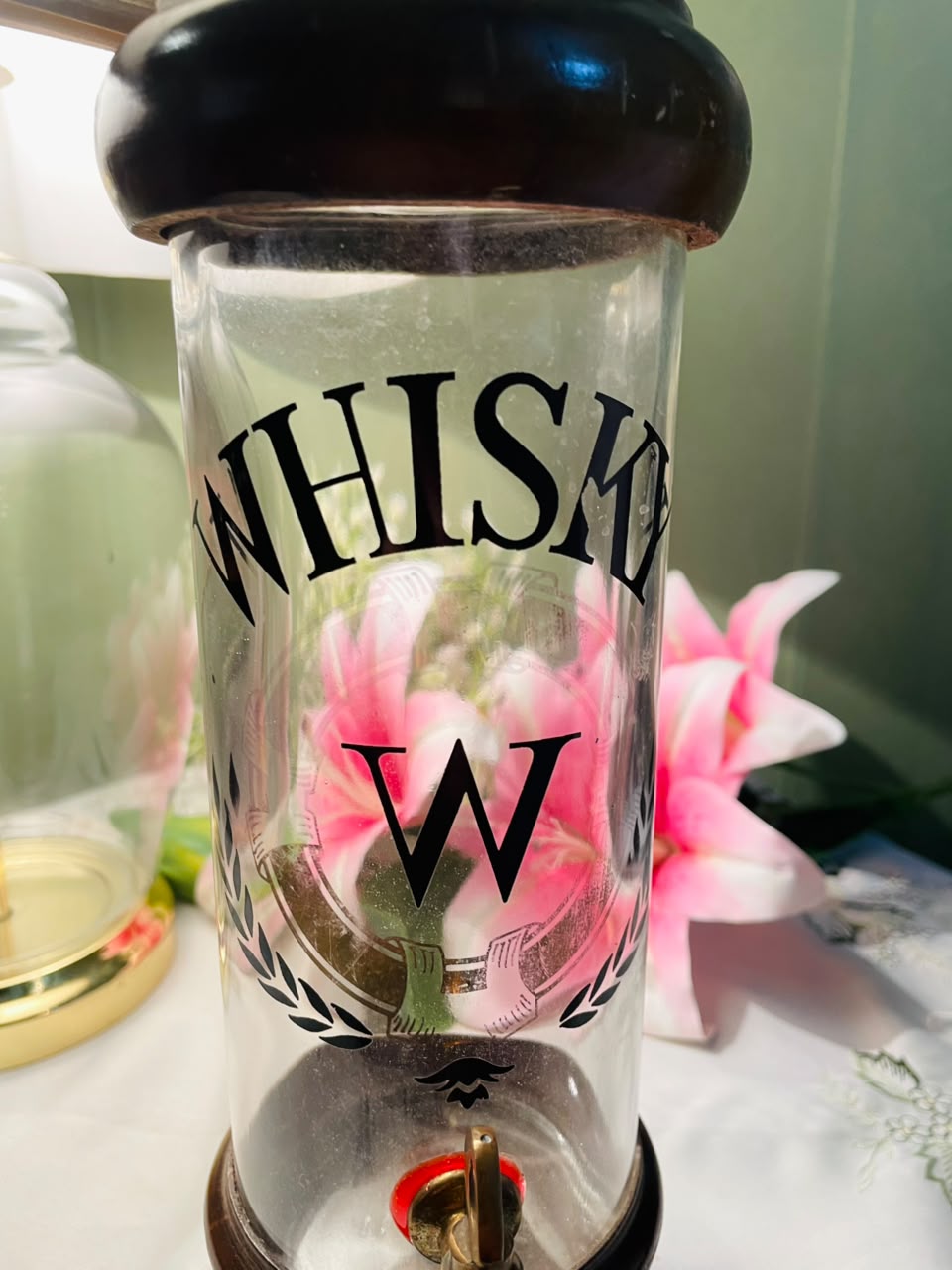 Vintage Glass Whisky Dispenser with Tap & Dark Wood Base Approx. 31 cm