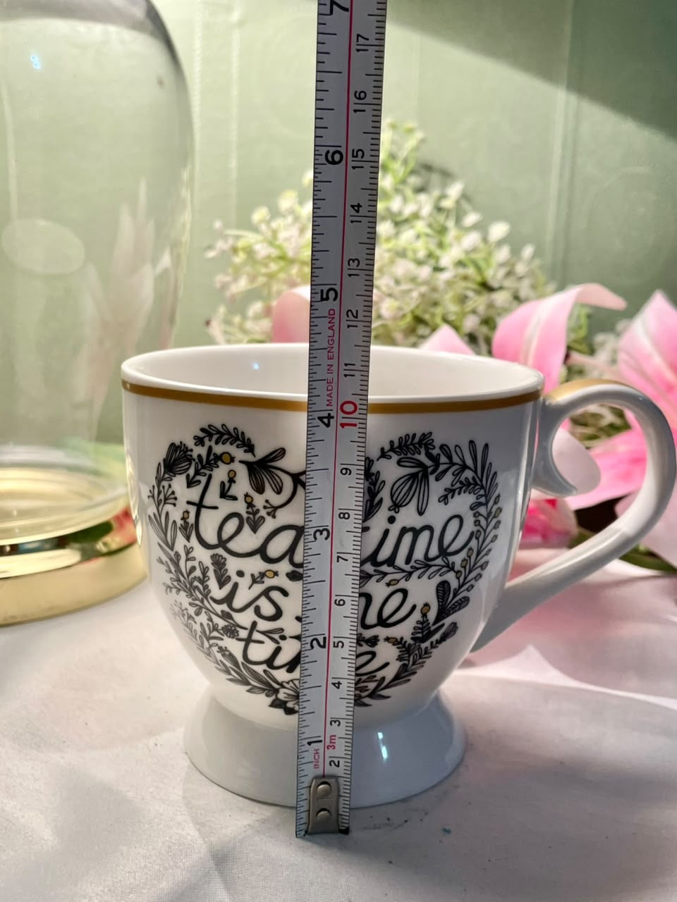 Tea Time Floral Ceramic Soup Mug Black White Gold 10.5cm - 1 Piece