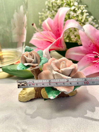 Vintage Ceramic Rose Flower Ornament Pink & Green 4 Inch