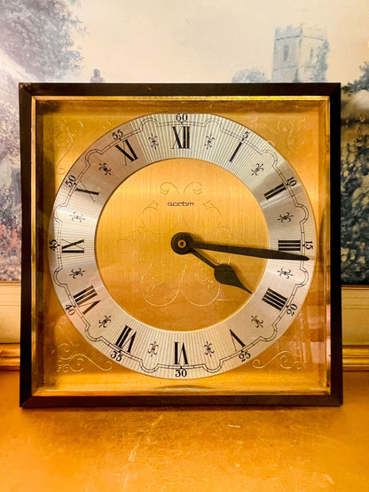 Vintage Square Brass Wall Clock Roman Numeral Gold Frame Decor
