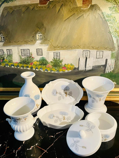 Wedgwood Ice Rose collection, Wedgwood bone china set, Wedgwood England vase and bowl set, collectible Wedgwood crockery, vintage bone china Wedgwood, Ice Rose decorative set, English bone china bowls and vases, Wedgwood floral collection, Wedgwood trinket jar, antique Wedgwood bone china