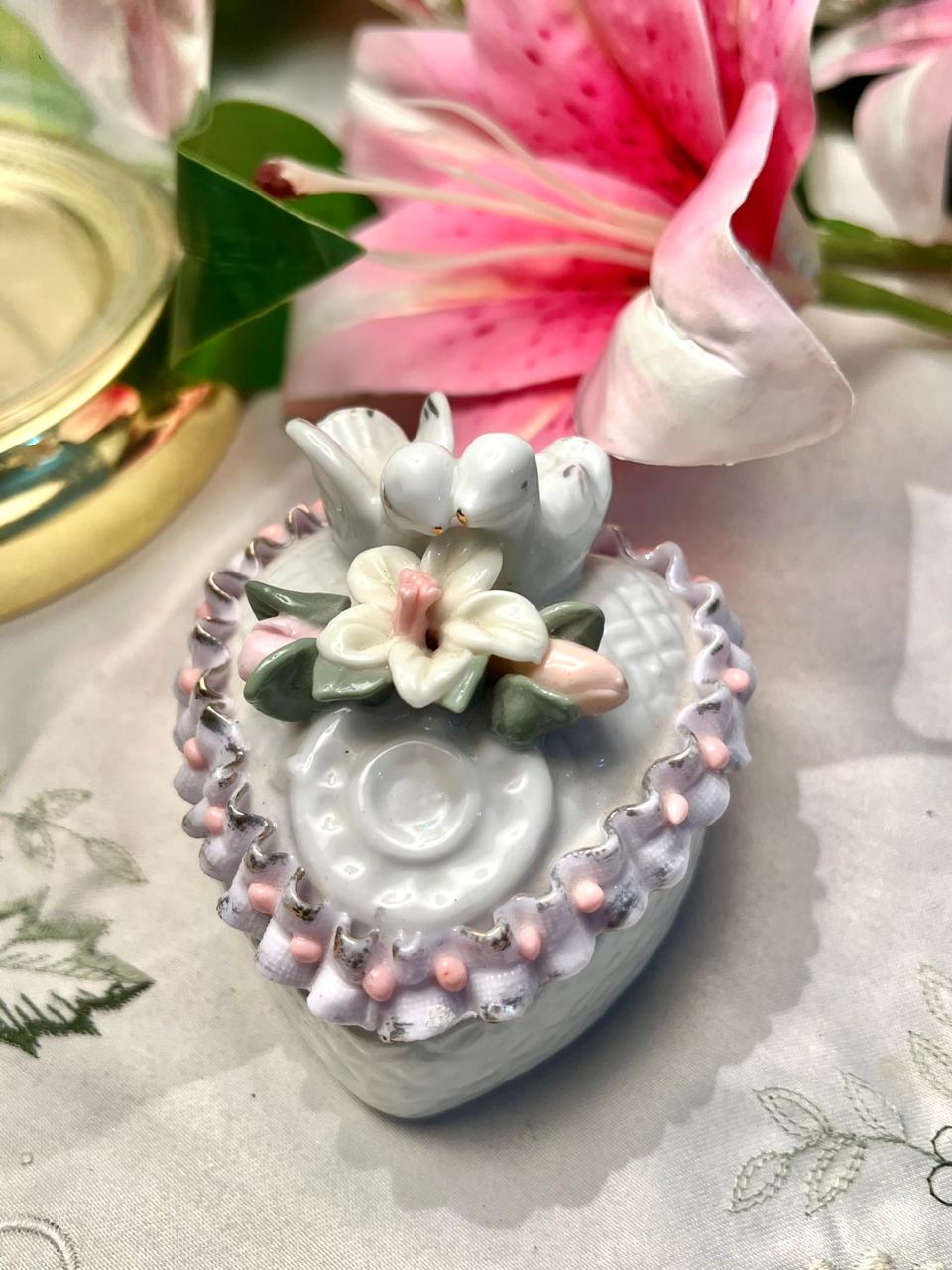 Floral Heart-Shaped Ceramic Trinket Box 4"