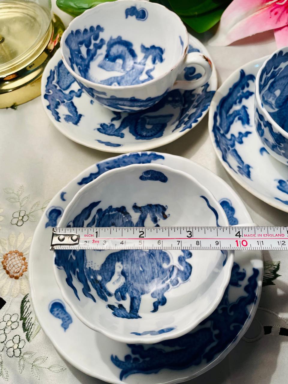 Vintage Coalport Blue Dragon Tea Cups & Saucers Set of 3 England