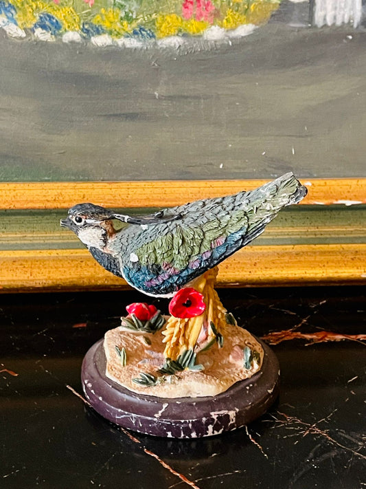 bird figurine, vintage bird decor, bird statue, home decor Pakistan, collectible bird model, woodland decor, resin bird ornament, shelf styling decor, vintage home accessories, poppy flower bird, nature decor, cottagecore decoration, English style decor, tabletop figurine, animal figurine