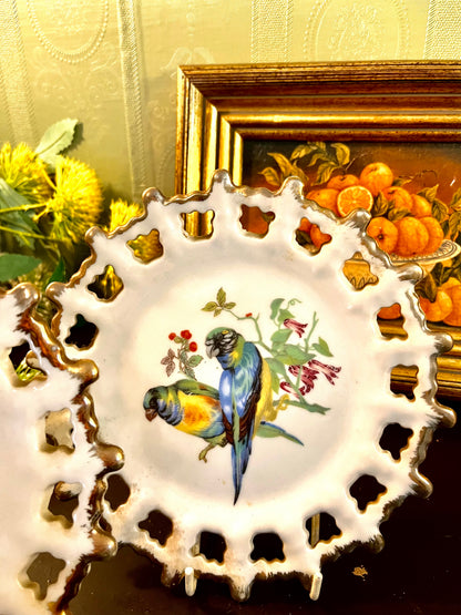 Set of 2 Cutwork Reticulated Bird Porcelain Cabinet Plates 16cm