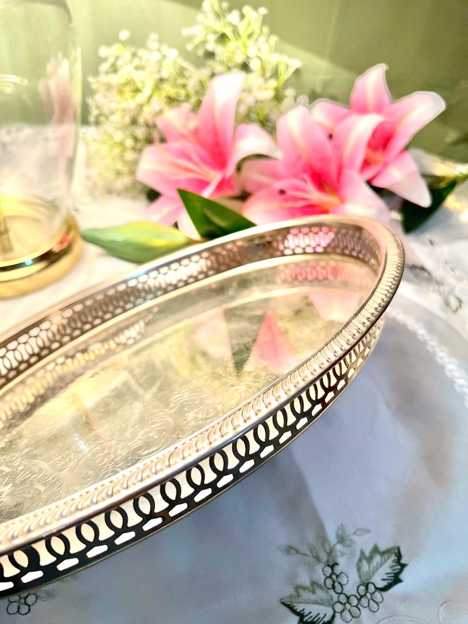 Queen Anne Silver Oval Serving Tray Engraved 36 cm