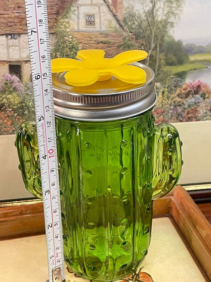 Green Cactus Glass Jar With Yellow Flower Lid, Cactus Mug
