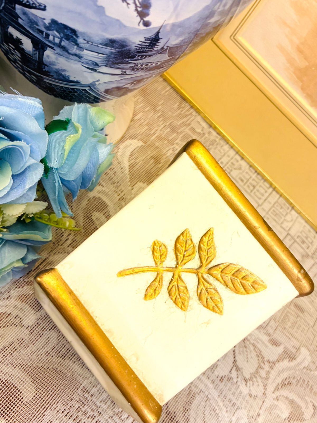 Vintage Embossed Leaf Ceramic Planter - Handcrafted Square Pot