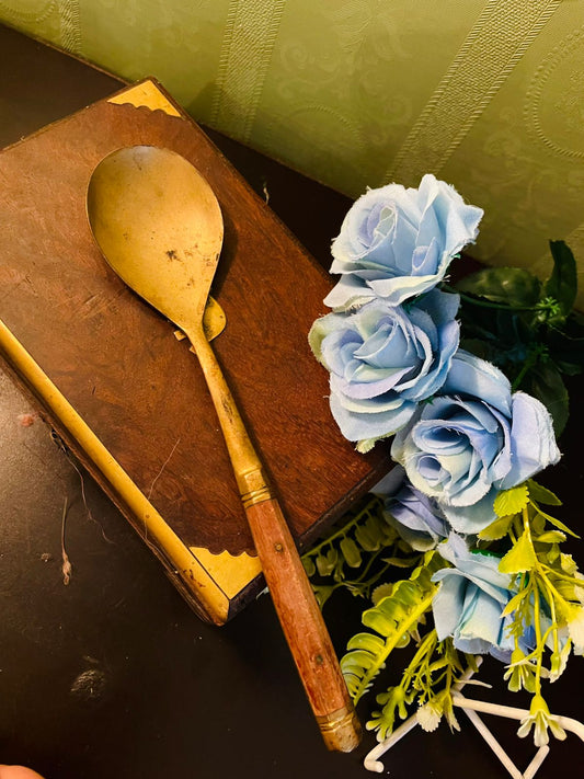 Vintage Brass and Wood Serving Spoon 8 Inch Rustic Kitchen Decor