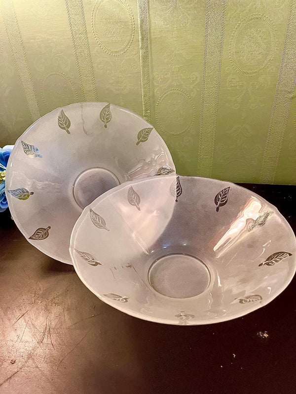 Set of 2 Frosted Glass Serving Bowls with Silver Leaf Pattern Vintage Decorative Salad Bowls