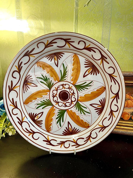 Large Hand-Painted Ceramic Serving Platter – Brown, Ochre & Green Floral Design
