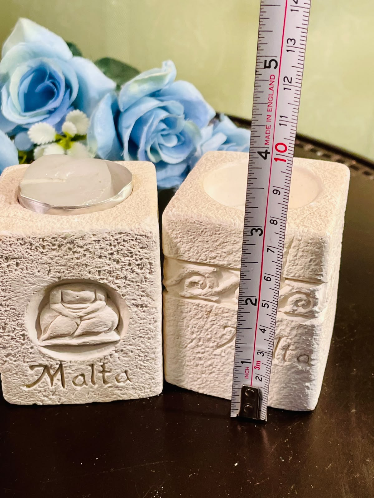 Vintage Malta Stone Tealight Candle Holders – Set of 2 (10cm)