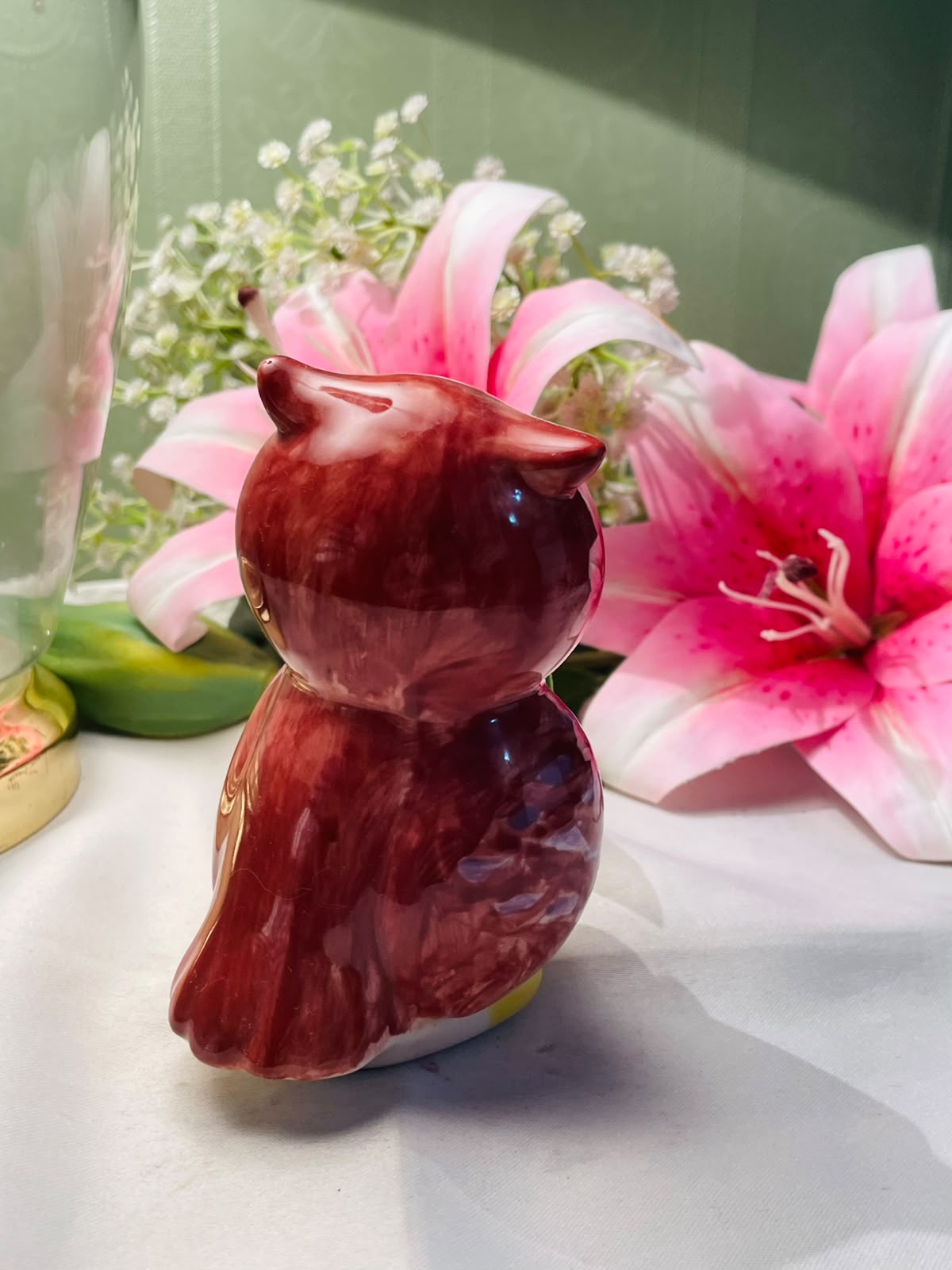 Vintage Hand painted Ceramic Owl Figurine Burgundy & Cream Approx. 11 cm
