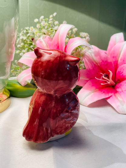 Vintage Hand painted Ceramic Owl Figurine Burgundy & Cream Approx. 11 cm