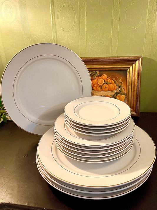 14-Piece White & Gold-Rimmed English Tableware Set