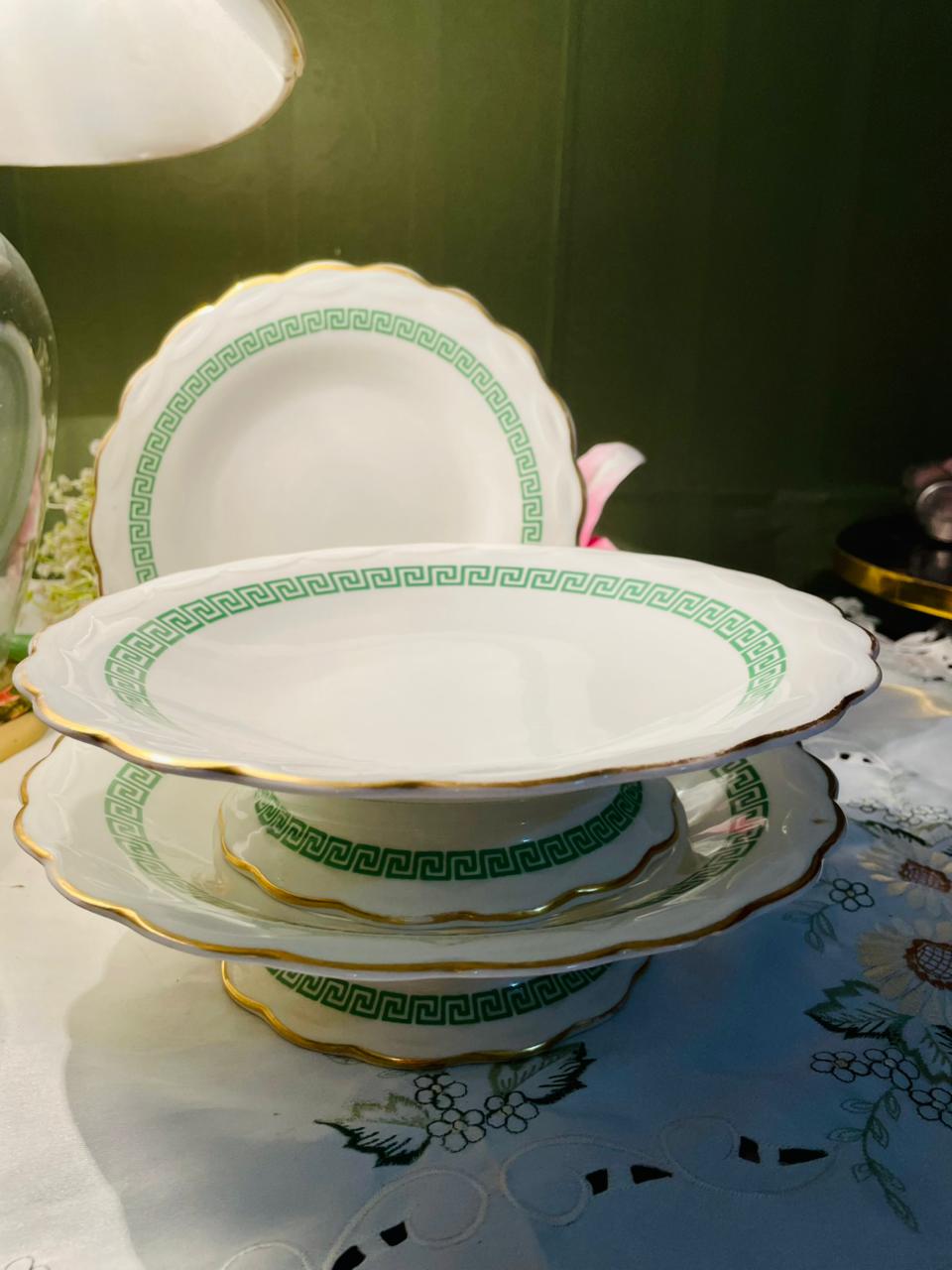 Green Greek Key Gold Rim Dinner Plates & Stand Platers