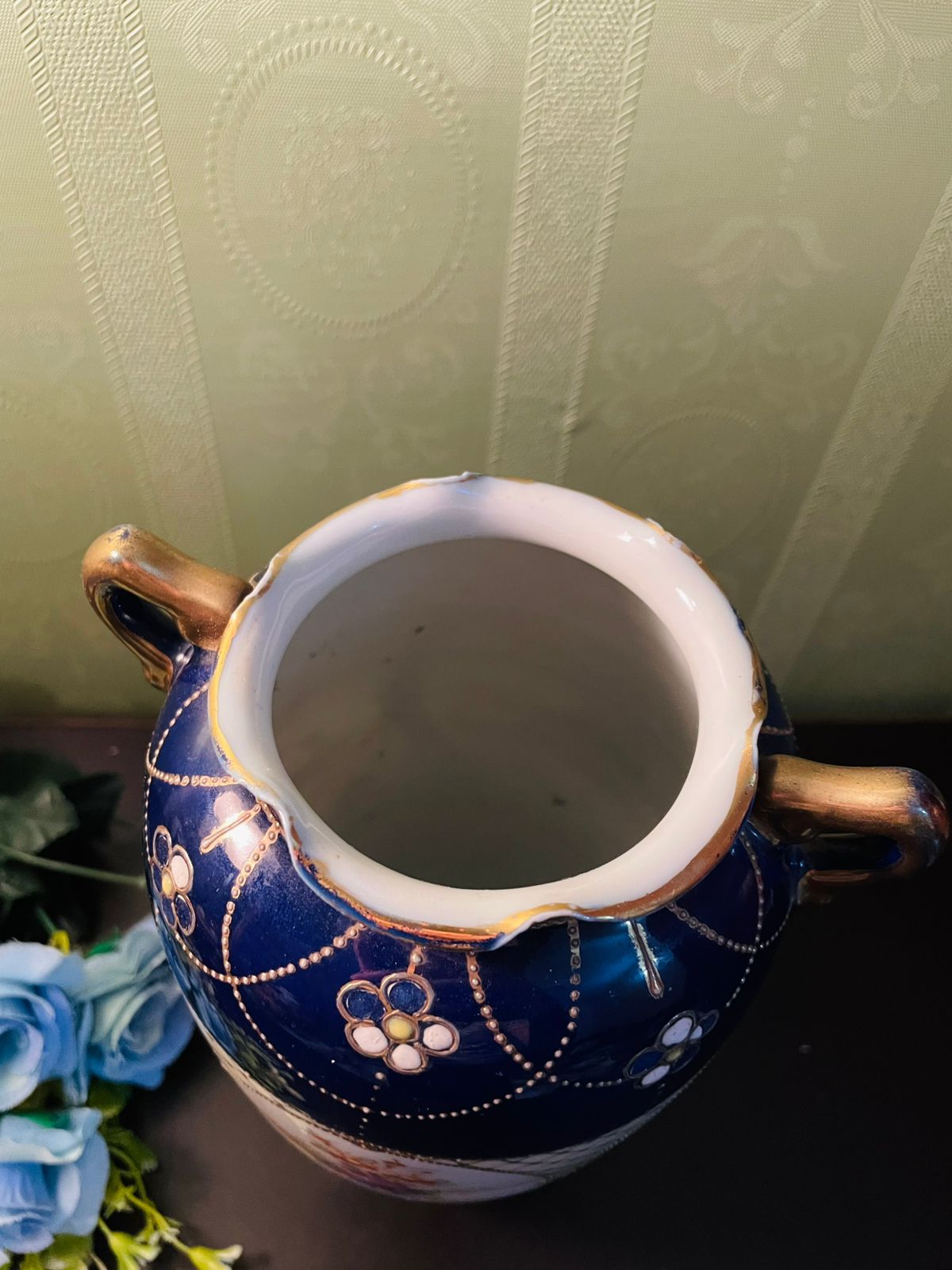 RARE FIND Hand-Painted Nippon Moriage Vase with Cobalt Blue