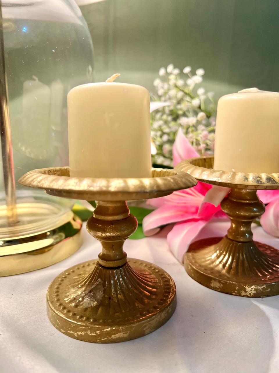 Brass Candlestick Holders with Cream Candles Set of 2