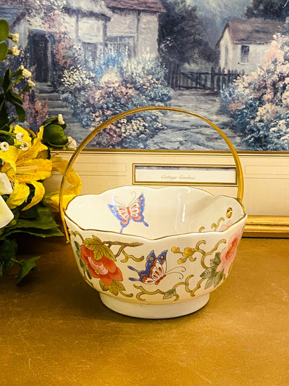 Vintage Floral Butterfly Porcelain Basket Bowl 5"