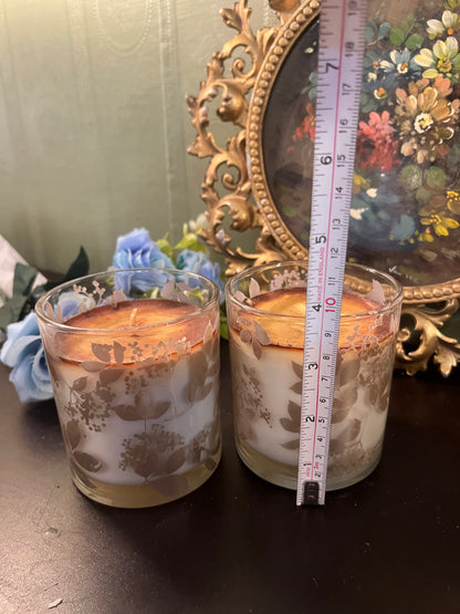 Set of 2 Botanical Glass Scented Candles / Leaf Print Candle Holders