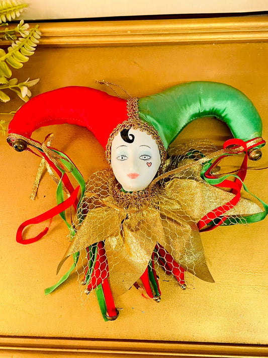Venetian Jester Doll Ornament Red Green Gold Carnival Decor