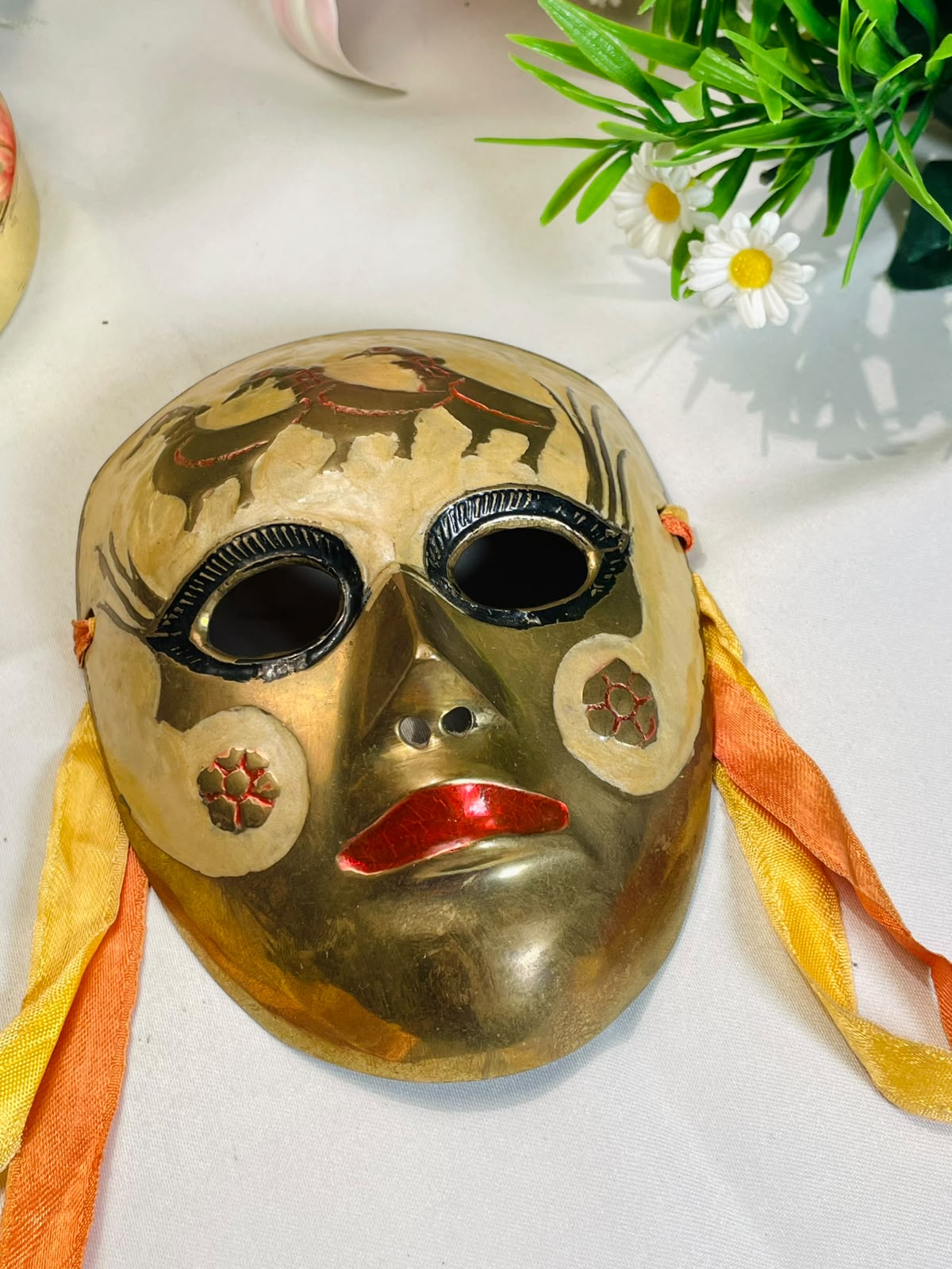 Brass - Tone Decorative Face Mask with Red Accents – 14 cm