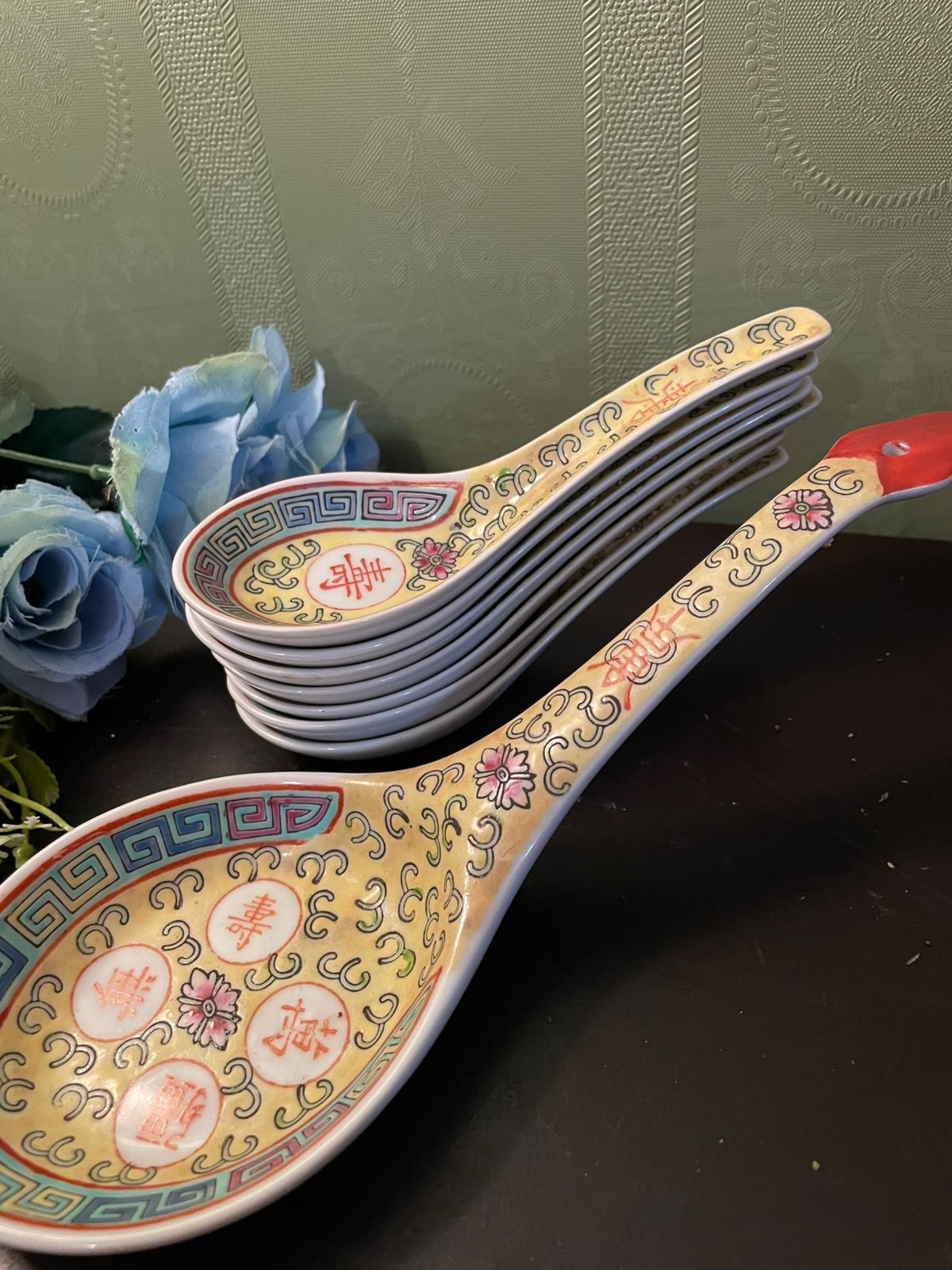 Vintage Chinese Porcelain Spoon Set with Serving Spoon