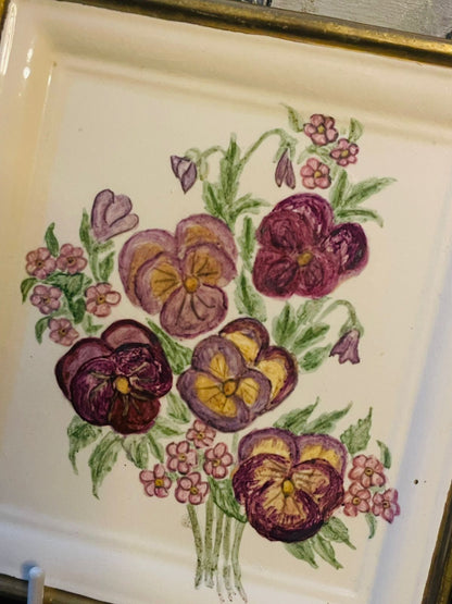 Vintage Floral Ceramic Wall frame – Hand Painted Pansy Bouquet with Gold Trim