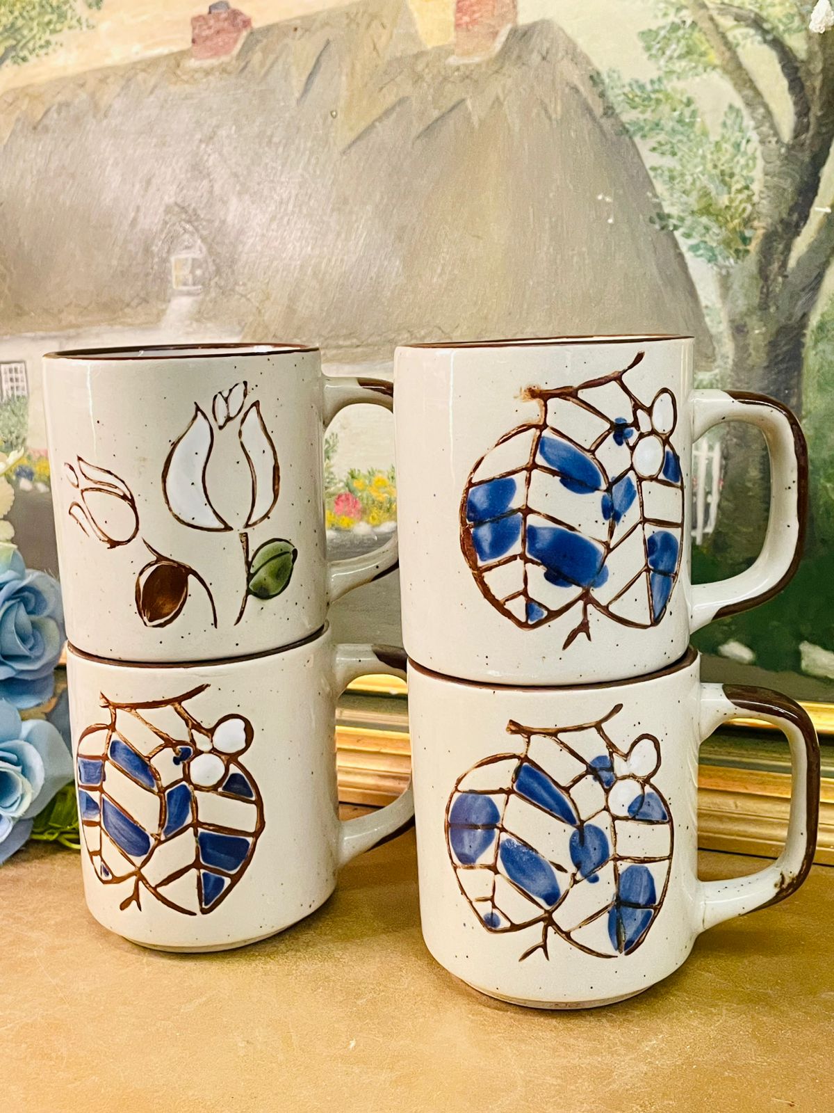 Vintage Korean Botanical Stoneware Mug Set of 4