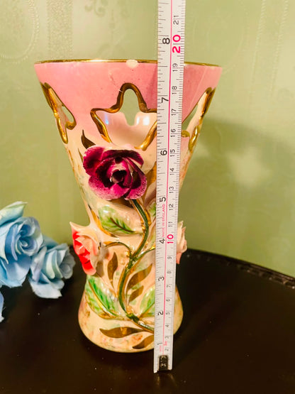 Quaregnon Belgium Hand-Painted Floral Ceramic Vase – 8 Inch