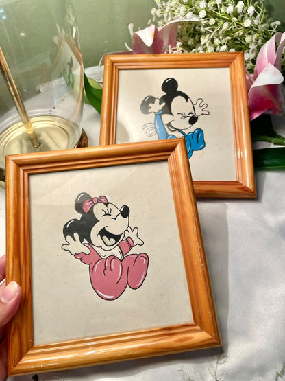Vintage Disney Babies glass paintings featuring Baby Mickey Mouse and Baby Minnie Mouse Painting Set of 2 – 7 inches