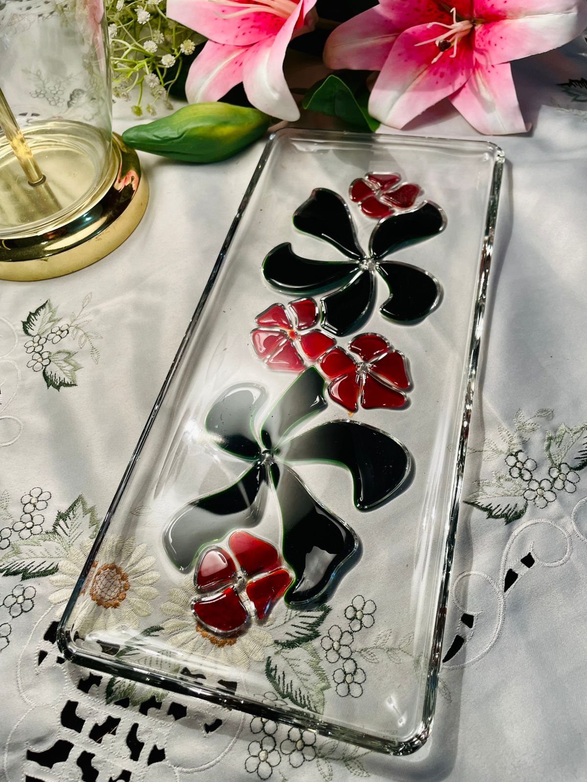 Clear Crystal Floral Serving Tray with Coloured Accents 13 in