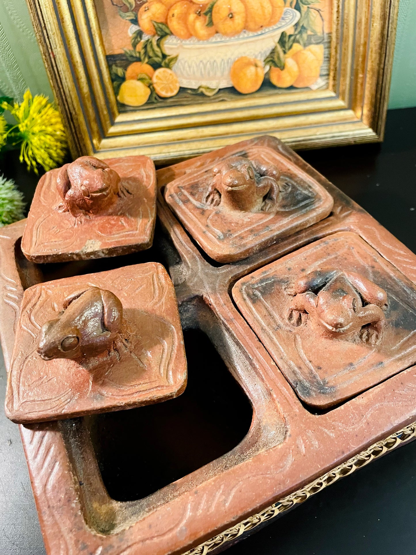 Antique Terracotta Frog Spice Box with 4 Compartments – 14 cm