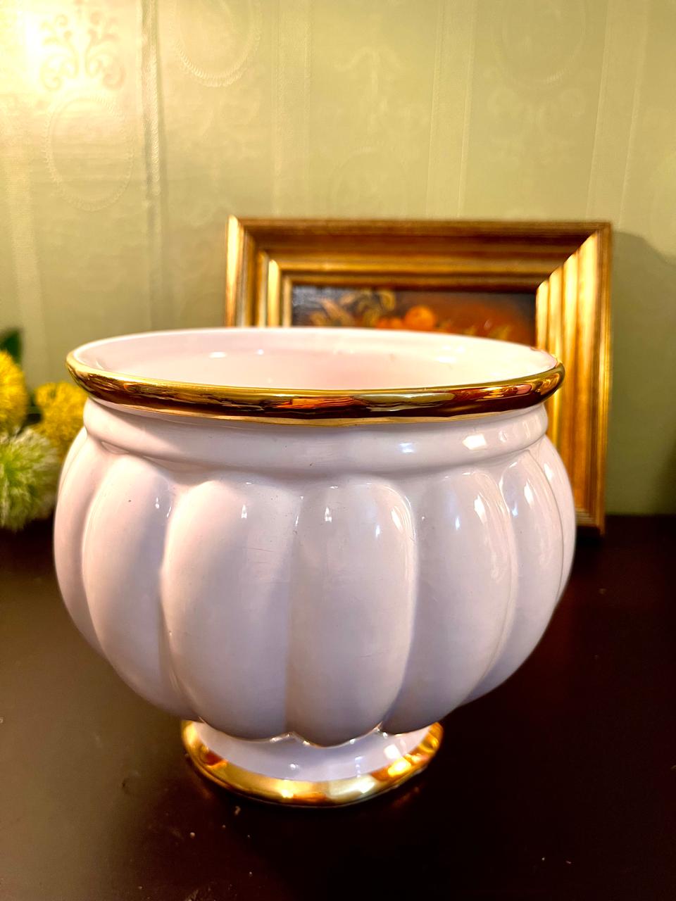 Vintage White Fluted Ceramic Planter with Gold Trim