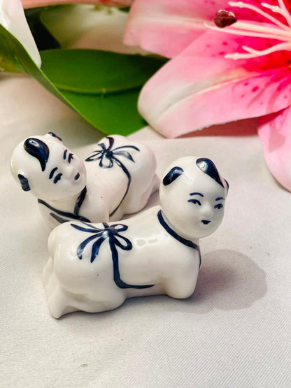 Blue & White Ceramic Figure Miniatures 2pc Set 2.5 in