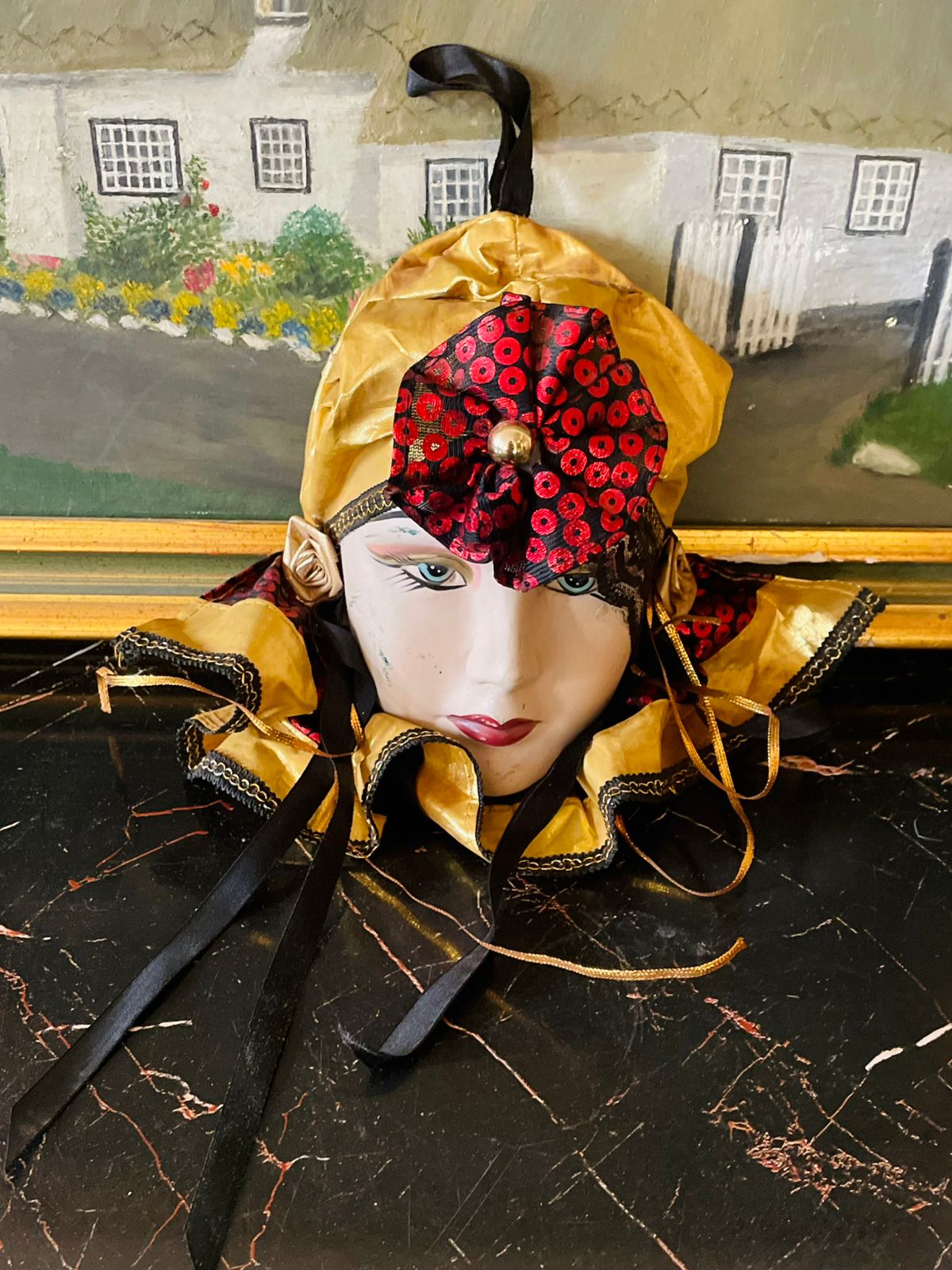 venetian mask, wall mask, jester decor, carnival mask, masquerade decor, vintage home decor, clown art, theatrical decor, italy style mask, face wall hanging, artistic mask, statement wall decor, collectors item, handmade mask, dramatic decor, gold and red decor