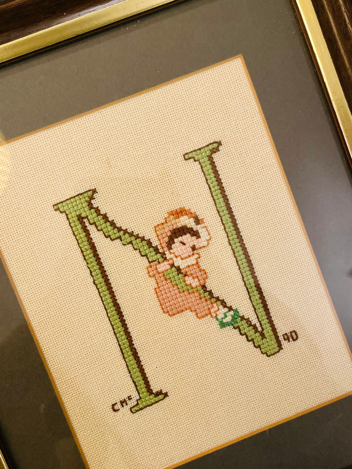 Framed Letter N Cross Stitch Nursery Wall Art