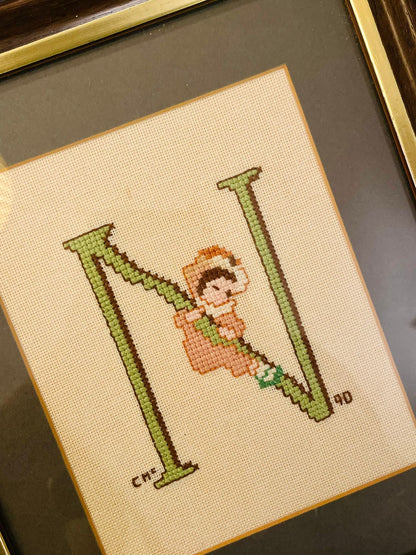 Framed Letter N Cross Stitch Nursery Wall Art