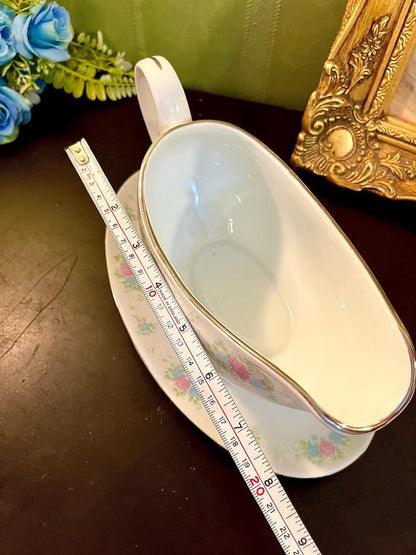 Vintage Floral Porcelain Gravy Boat Saucer 8 Inch