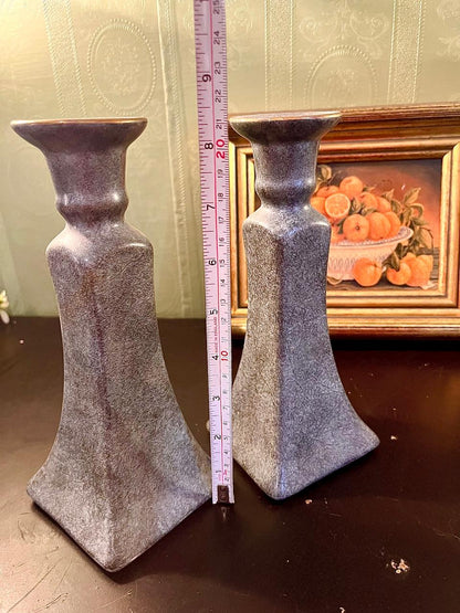 Vintage Grey Ceramic Candlestick Holders Pair – 9 Inch