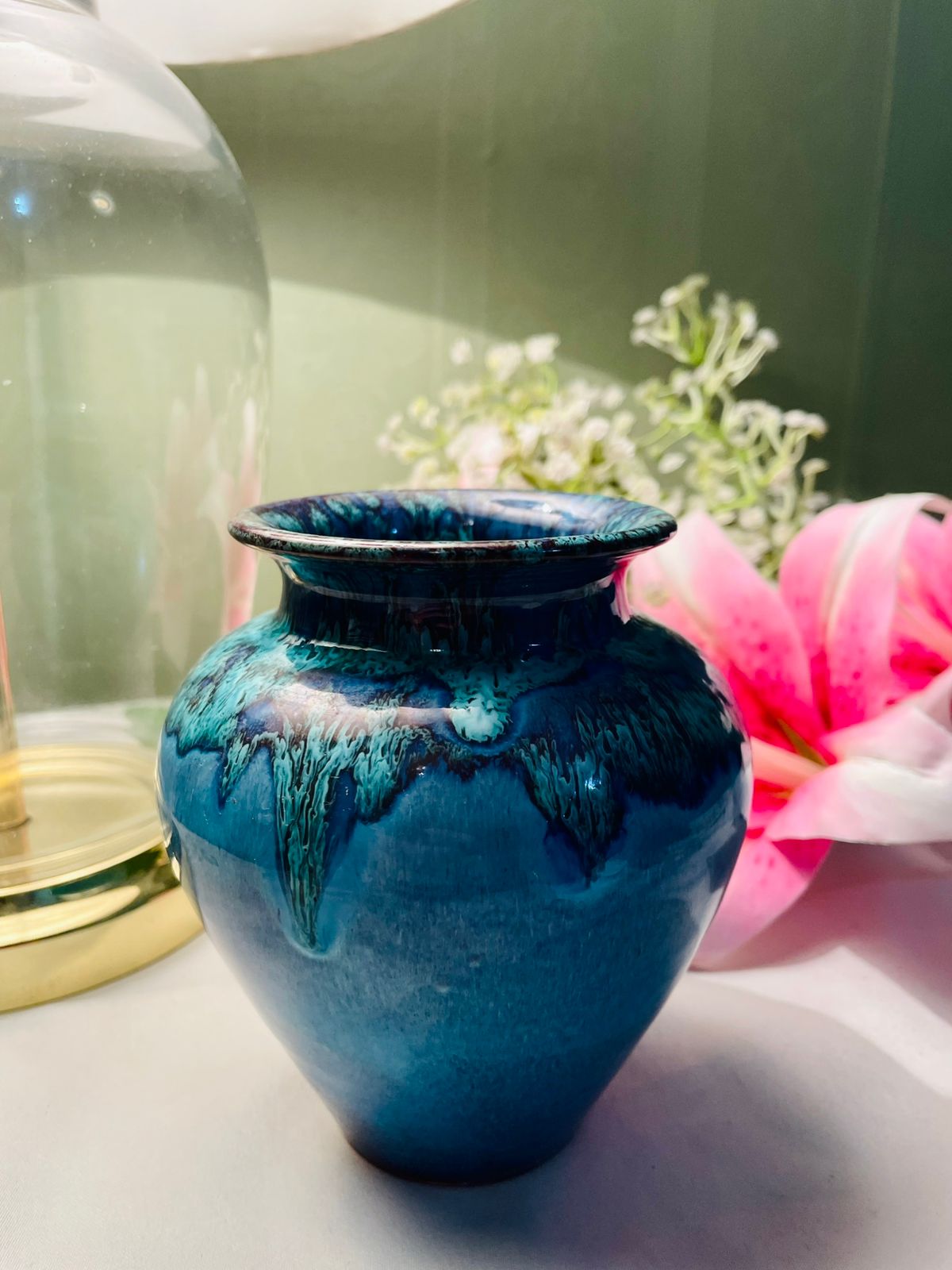 Vintage Blue Glazed Ceramic Vase Drip Detail 12 cm
