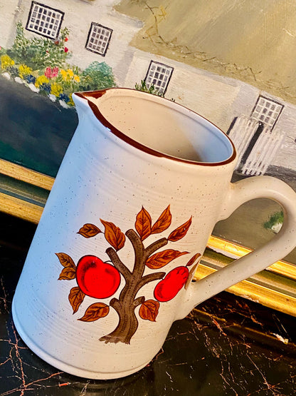 Vintage Stoneware Pitcher Jug – Handcrafted Apple Tree Design – 7.5 Inches Tall