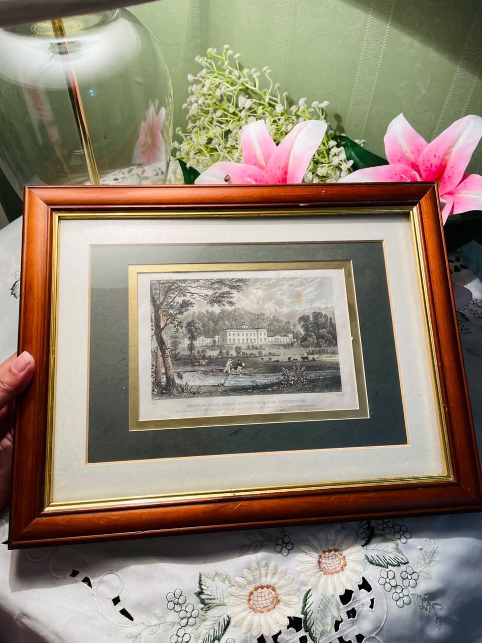 Countryside Cattle Framed Watercolor Painting Brown Frame Approx. 35 cm