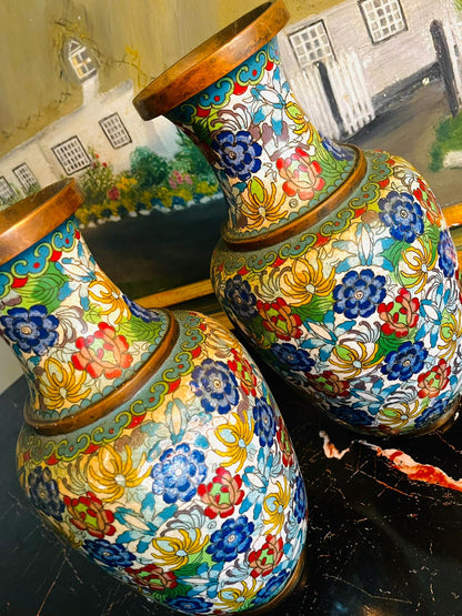Vintage Brass Cloisonné Vases – Hand-Painted Floral Pair (20cm)