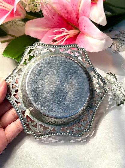 Vintage Pierced Silver-Tone Metal Trinket Dish / Coaster Approx. 14 cm