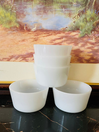 Set of 5 Vintage White Milk Glass Custard Bowls – Minimalist Charm