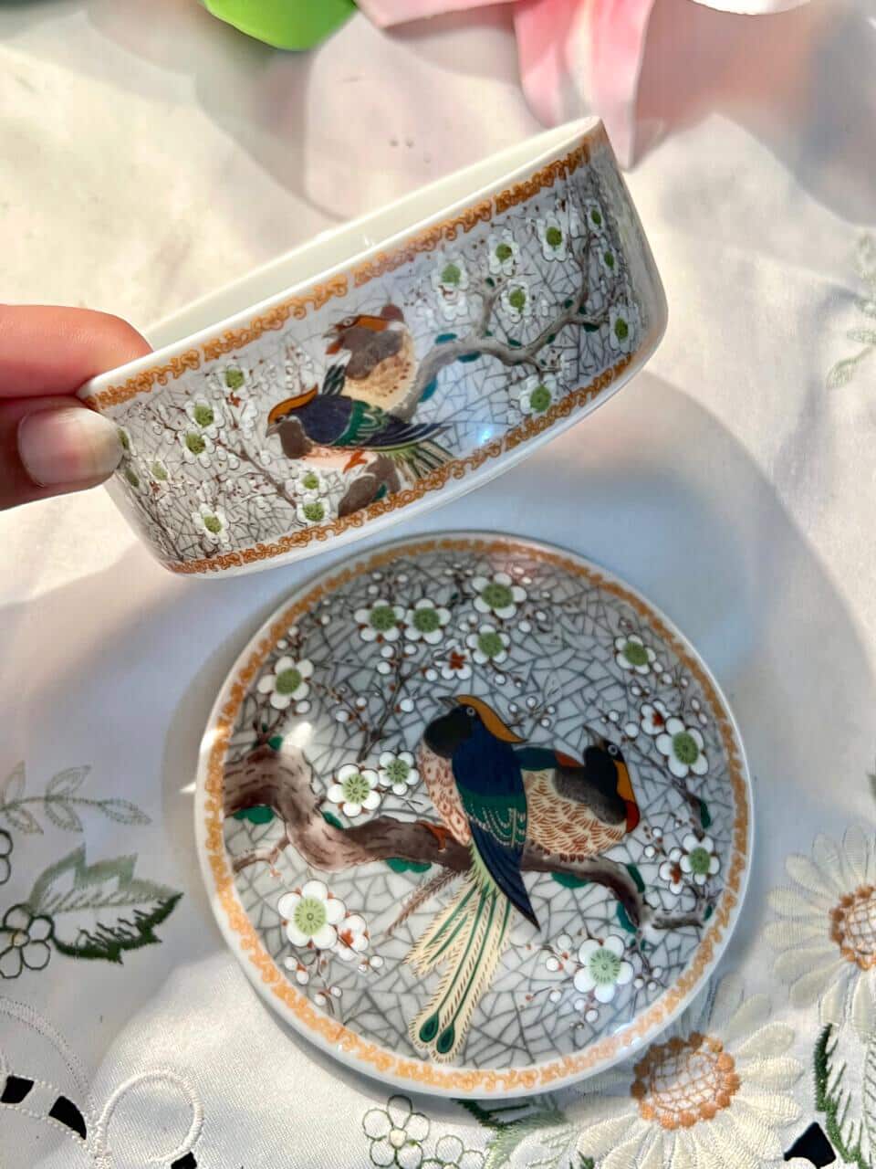 Vintage Bird & Blossom Ceramic Trinket Box Approx 10 cm